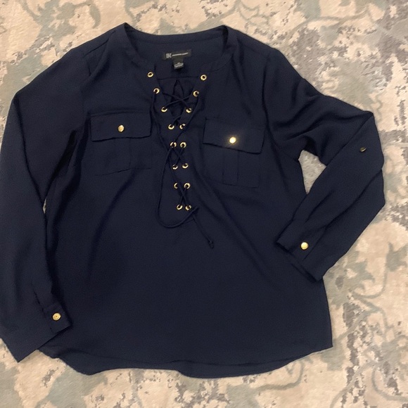 Women's INC International Concepts Navy Blue Shirt with Gold Features - Size 10 - Picture 2 of 7